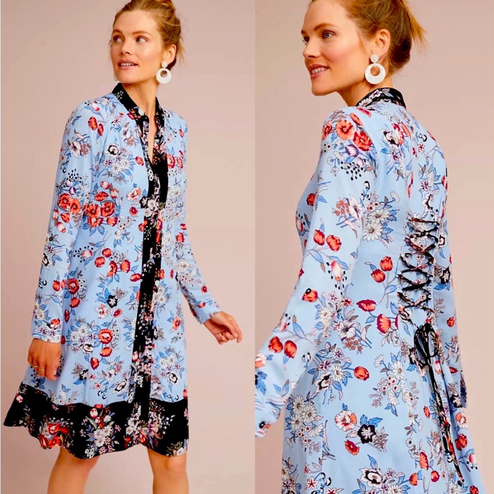MAEVE/ANTHRO Navy Trim Floral Shirtdress, Corset-Style Lacing-Up Back Accent.